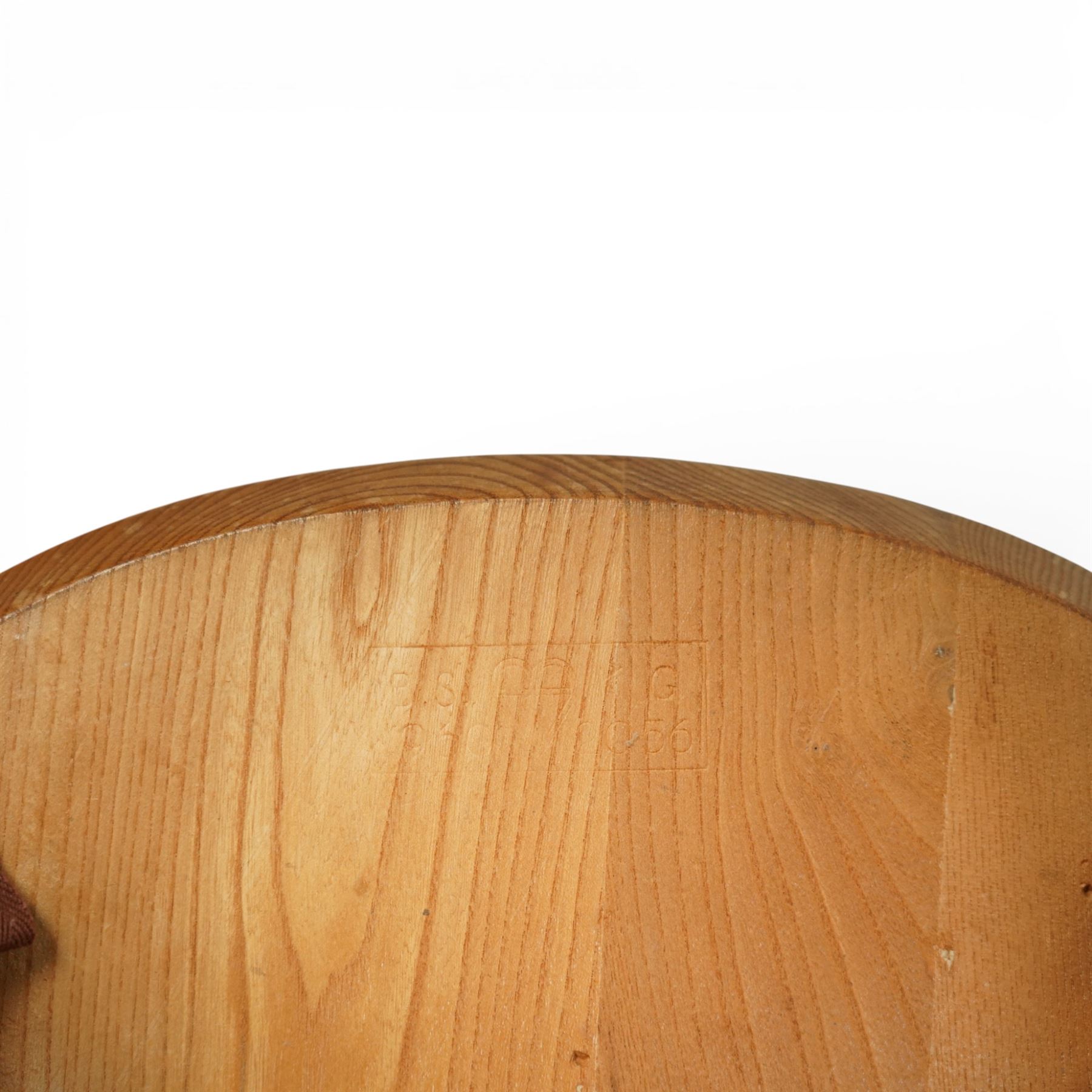 Ercol - elm dining chairs, a set of five comprising four side chairs and one '370' armchair, all with hoop backs formed with slender spindle splats, shaped solid elm seats, the armchair with curved out-swept arms, raised on splayed turned supports united by stretchers