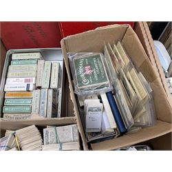Quantity of cigarette and trade cards, housed in albums and loose, by W.D. & H.O. Wills, John Player & Sons etc, including cycling, garden hints, Britain's railways, dogs etc and various empty vintage cigarette card albums, in two boxes