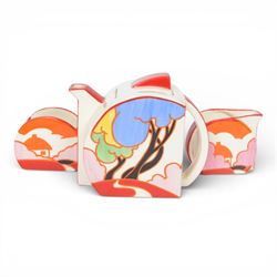 Wedgwood Bizarre by Clarice Cliff, Blue Autumn three piece Stamford teaset hand painted ba...