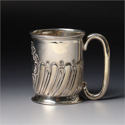 Edwardian silver christening mug with engraved decoration H8cm Birmingham 1902 and two others 1900 and 1902