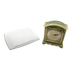 Elliott London green marble mantel clock, the gilt dial with silvered chapter ring, H16cm, together with a glass dish