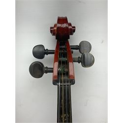 Two student half-size cellos - Boosey & Hawkes Artia with 65cm one-piece back and spruce top; bears maker's label; L104cm overall; and Romanian with 65.5cm two-piece maple back and ribs and spruce top; bears label; L108.5cm overall; each in soft carrying case with two bows (2)