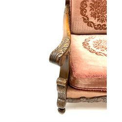 Early 20th century bergere armchair, double cane work sides, acanthus carved scrolling arms and supports 