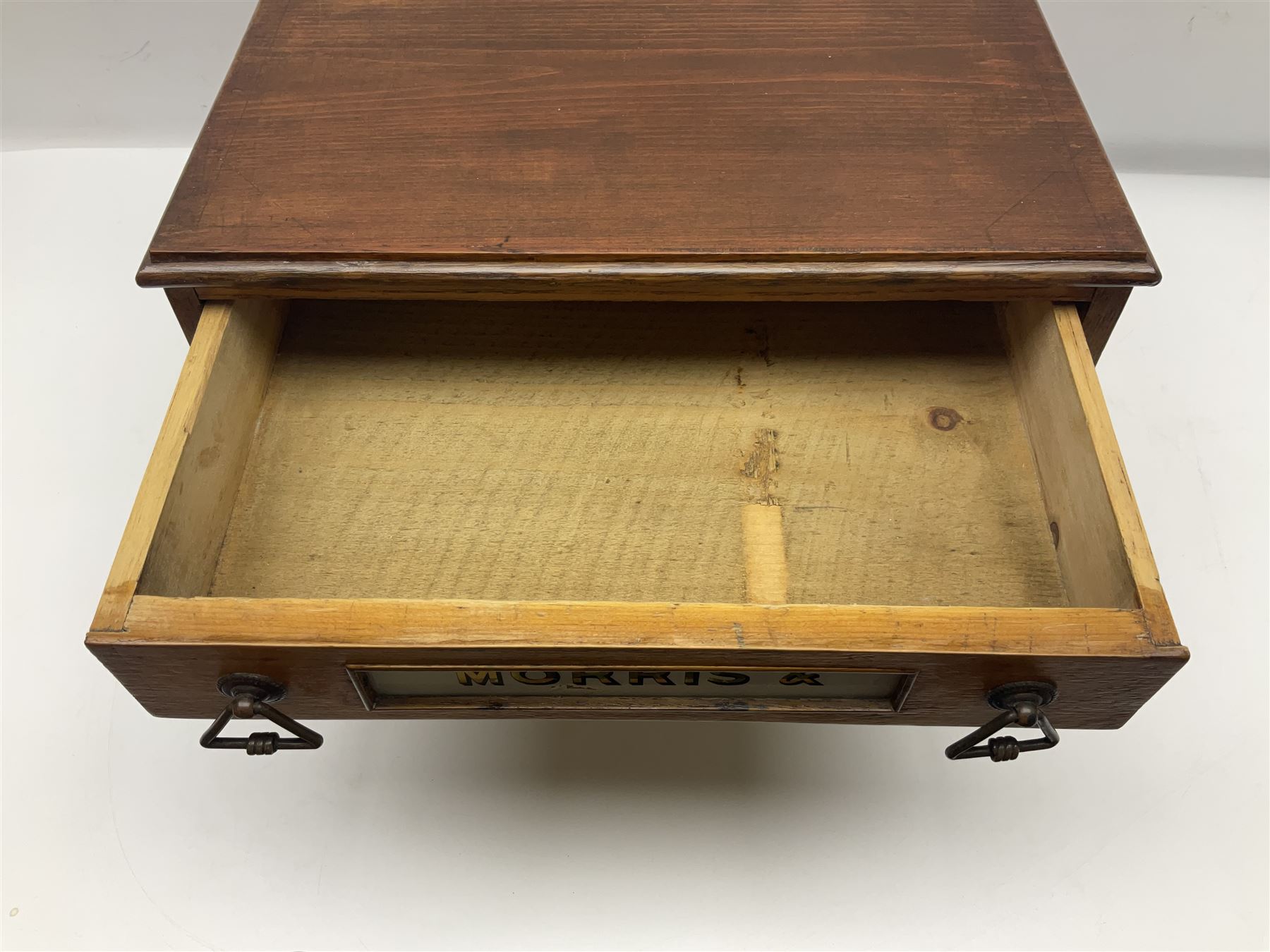 Victorian oak three drawer tabletop haberdashery chest advertising Morris Yeomans' Needles and Co, H27cm, L36cm