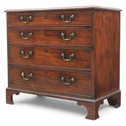 George III mahogany chest, fitted with four graduating drawers, rectangular flamed mahogany top with moulded edge, above four graduated drawers with brass swan neck handles, raised on bracket feet