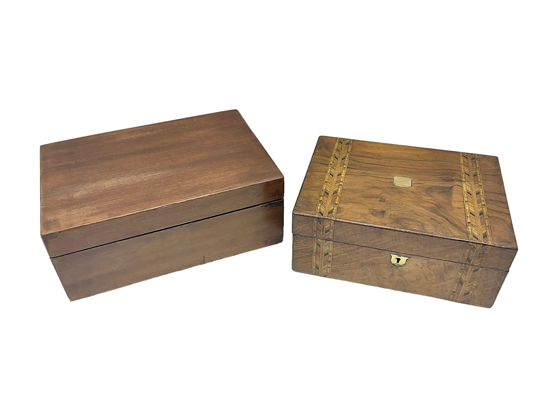 Victorian walnut and parquetry banded work box with brass shield