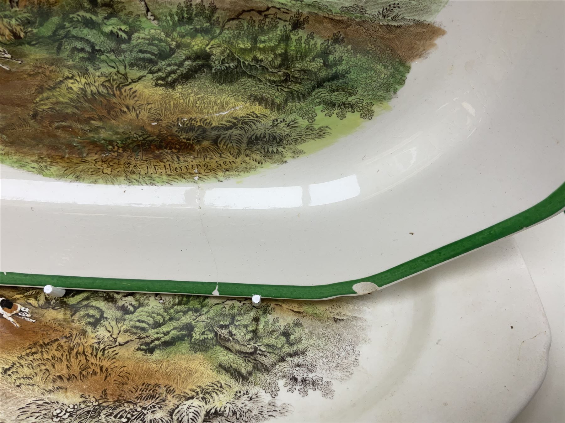Collection of Copeland Spode hunting scenes dinner wares, after J. F. Herring, to include dinner plates, side plates, graduated serving platters, lidded box etc, together with Spode's Byron breakfast cup and saucer, all with printed marks beneath (29)