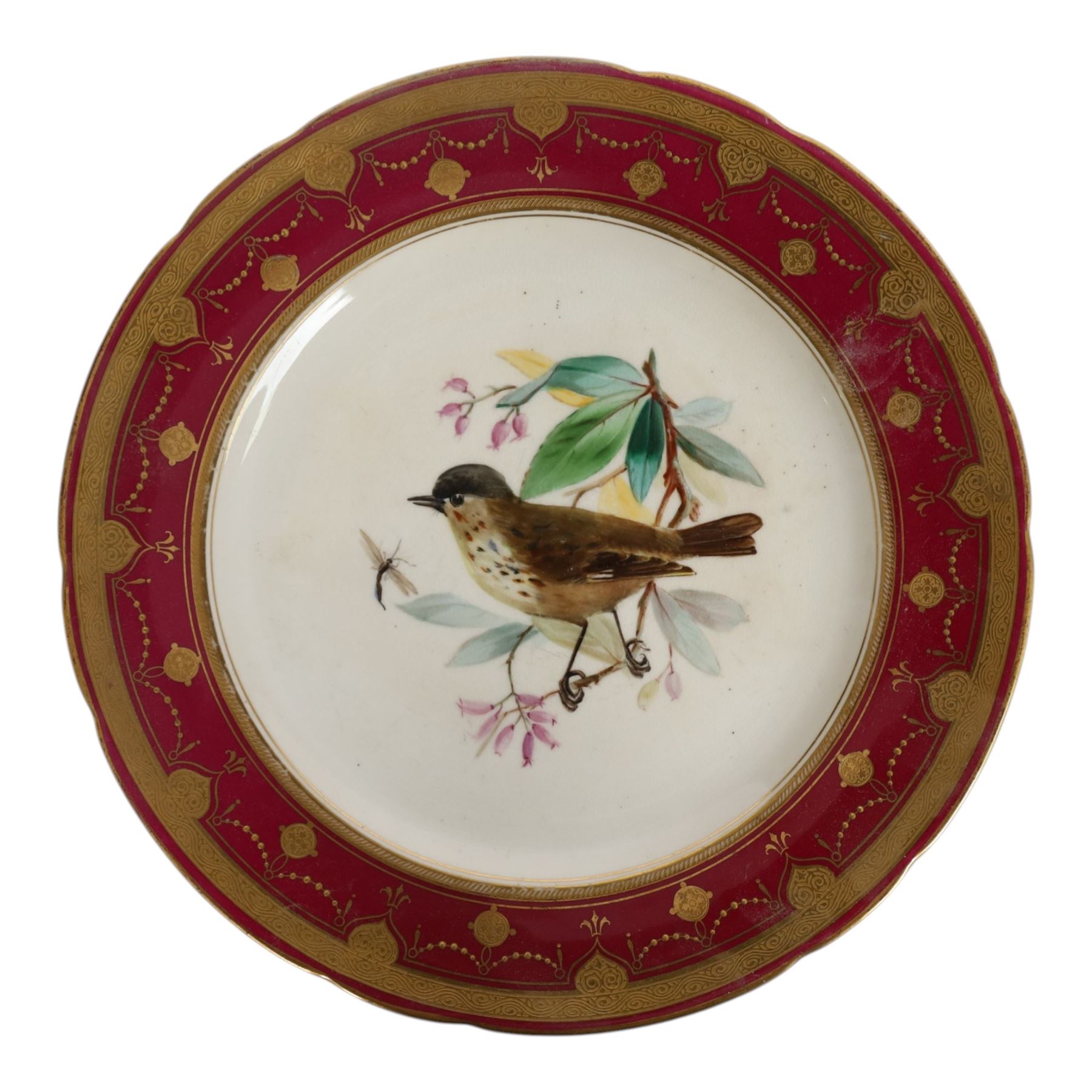 19th century Minton dessert plates, five decorated with a central ornithological study and four decorated with butterflied, each with within a red  and gilt board