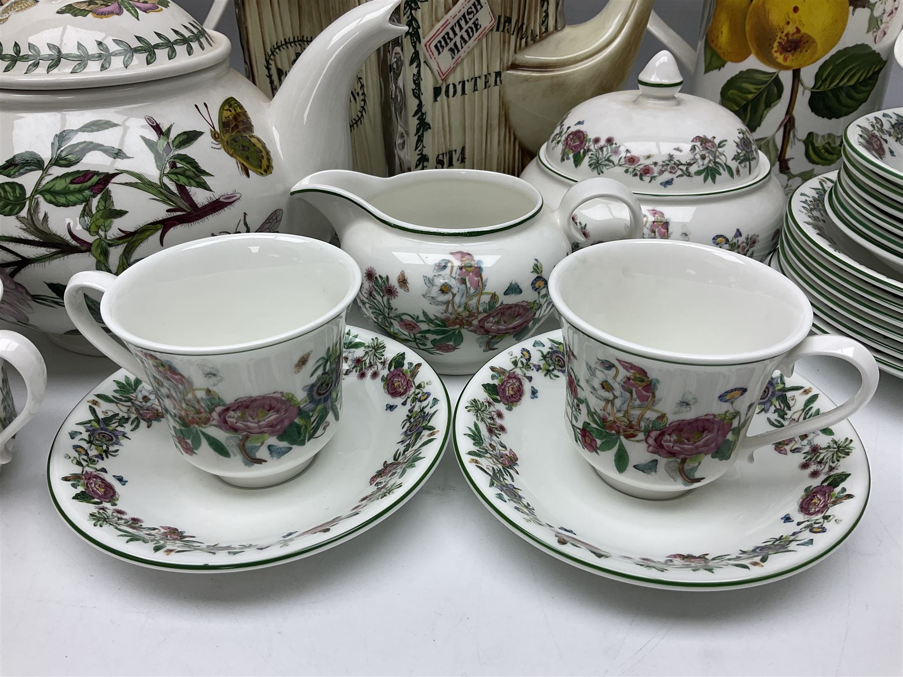 Portmeirion tea wares, in various patterns including Botanic Garden, Summer Garland and Portmeirion, to include limited edition novelty teapot, teapot, coffee press, coffee pot, covered sucrier, eight teacups and saucers, etc 