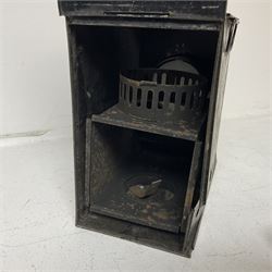 Tinplate magic lantern with three boxes and some loose slides, including Primus magic lantern slides