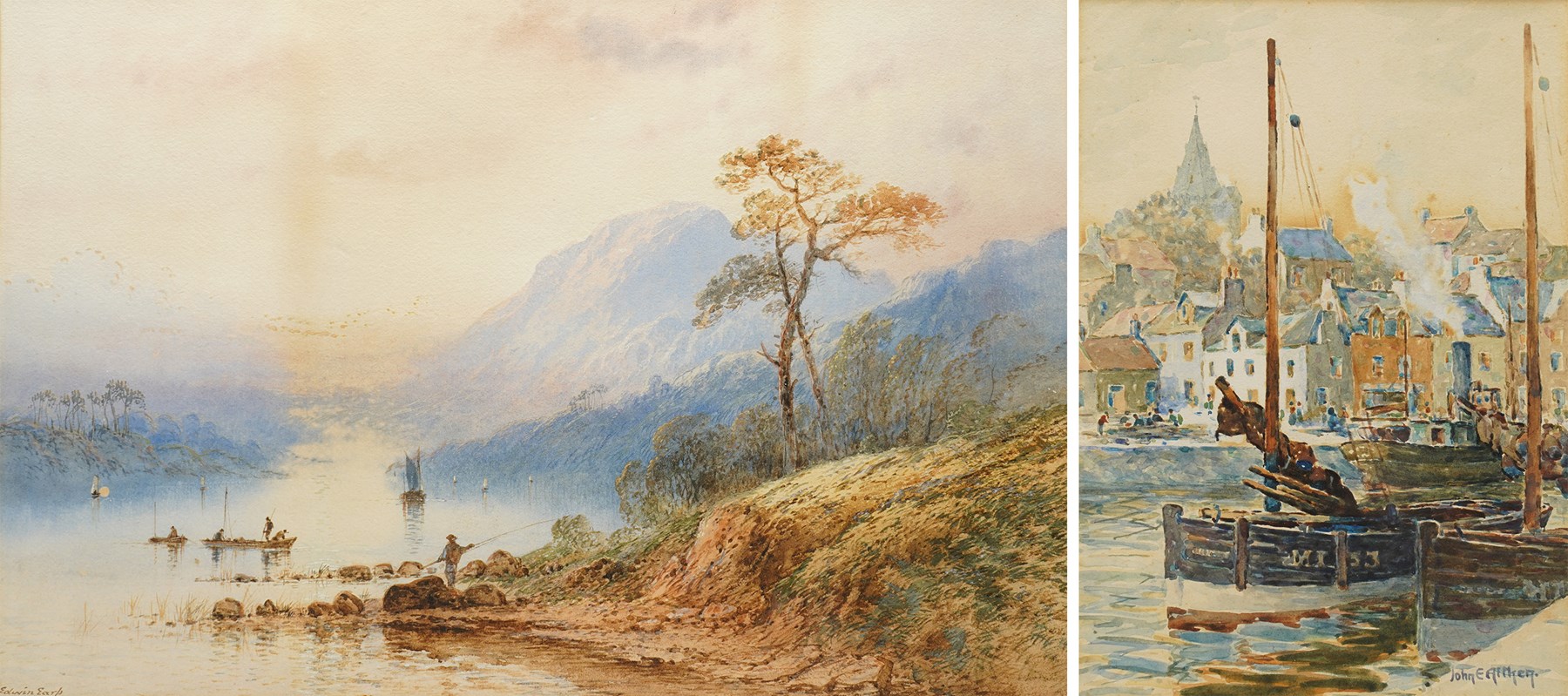 John Ernest Aitken (Scottish 1881-1957): 'An Old Scotch Fishing Town', watercolour signed, titled on label verso 24cm x 17cm; Edwin Earp (British 1851-1945): Fisherman in a Vast Loch, watercolour signed 40.5cm x 61.5cm (2)