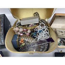 9ct gold cased ladies wristwatch on gilt metal strap, Victorian and later costume jewellery, to include rolled gold, silver and gold plated items, including Albertina bracelet, buckle locket penguin charm and charm bracelet etc, in various jewellery boxes