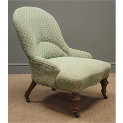  Victorian spoon back upholstered nursing chair, turned supports  