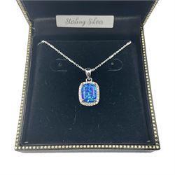 Silver blue opal and cubic zirconia cluster pendant necklace, stamped 925, boxed 