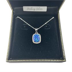 Silver blue opal and cubic zirconia cluster pendant necklace, stamped 925, boxed 