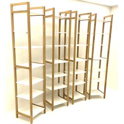 Set of four oak and white shelving units, plus additional lamp table 