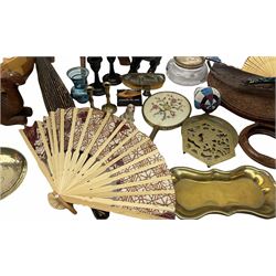 Miscellaneous collectables including parasol, wooden fruit bowl containing faux fruit, glass dish, brass items etc, in one box