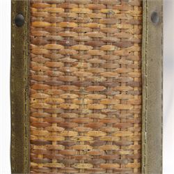 Rustic wall mirror with brass, leather and rattan frame, enclosing a bevelled plate