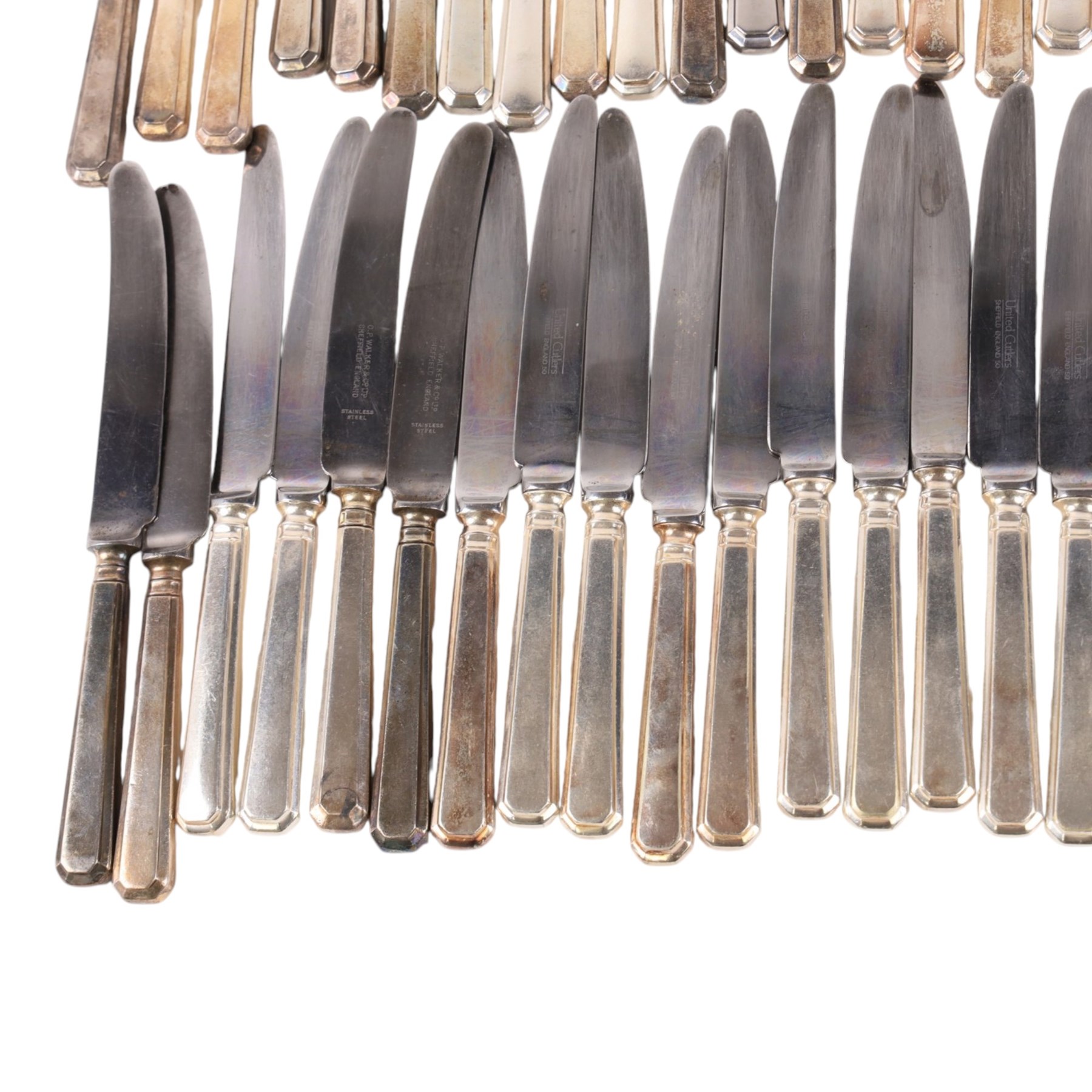 Collection of silver plated cutlery including, ladles, table knives, forks and spoons