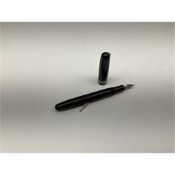 Vintage Swan Mabie Todd lever fill fountain pen in coral red, the nib a/f marked 14K, together with two further vintage Swan Mabie Todd fountain pens, the first example with lever fill, the other leverless, each with black body, one with nib marked 14ct, (3) 