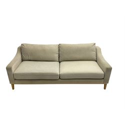 Noble & Jones - three seat sofa, upholstered in a beige fabric, square tapering supports (W224cm) and a matching two seat sofa (W185cm)