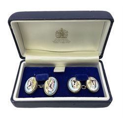 Pair of Halcyon Days hallmarked silver and enamel cufflinks depicting pigs, in box
