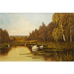 Frank Hider (British 1861-1933): Lake Landscape with Swans, oil on canvas signed and dated 1894, 50cm x 75cm