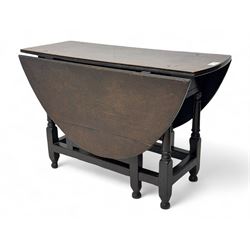 18th century oak dining table, oval drop-leaf top on gate-leg action base, turned supports united by stretchers 