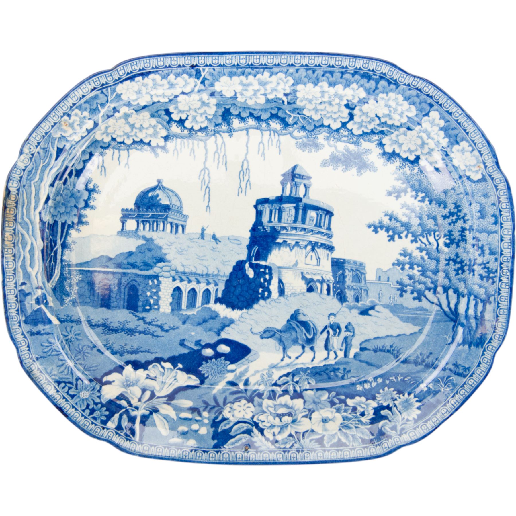 Three 19th century John Rogers & Son blue and white transfer printed Monopteros pattern meat platters, two impressed 14 and a smaller example impressed 12 verso, largest W37cm