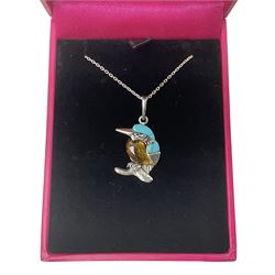 Silver Baltic amber and turquoise kingfisher pendant necklace, stamped 925 and boxed 