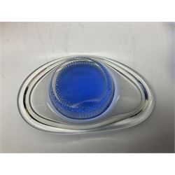 Two Whitefriars glass jugs, together with a Swedish Pukeberg art glass vase and three art glass bowls, including large pink example, some signed to base, tallest H30.5cm