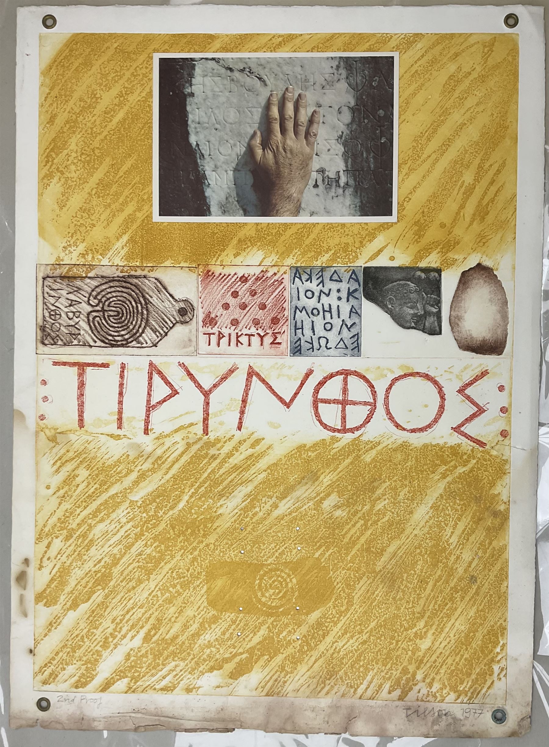 Joe Tilson (British 1928-2023): 'Proscinemi Tiryns', etching with aquatint, photo-lithograph and collage in colours on wove, signed dated 1977 and inscribed '2nd proof' in pencil 82cm x 59cm