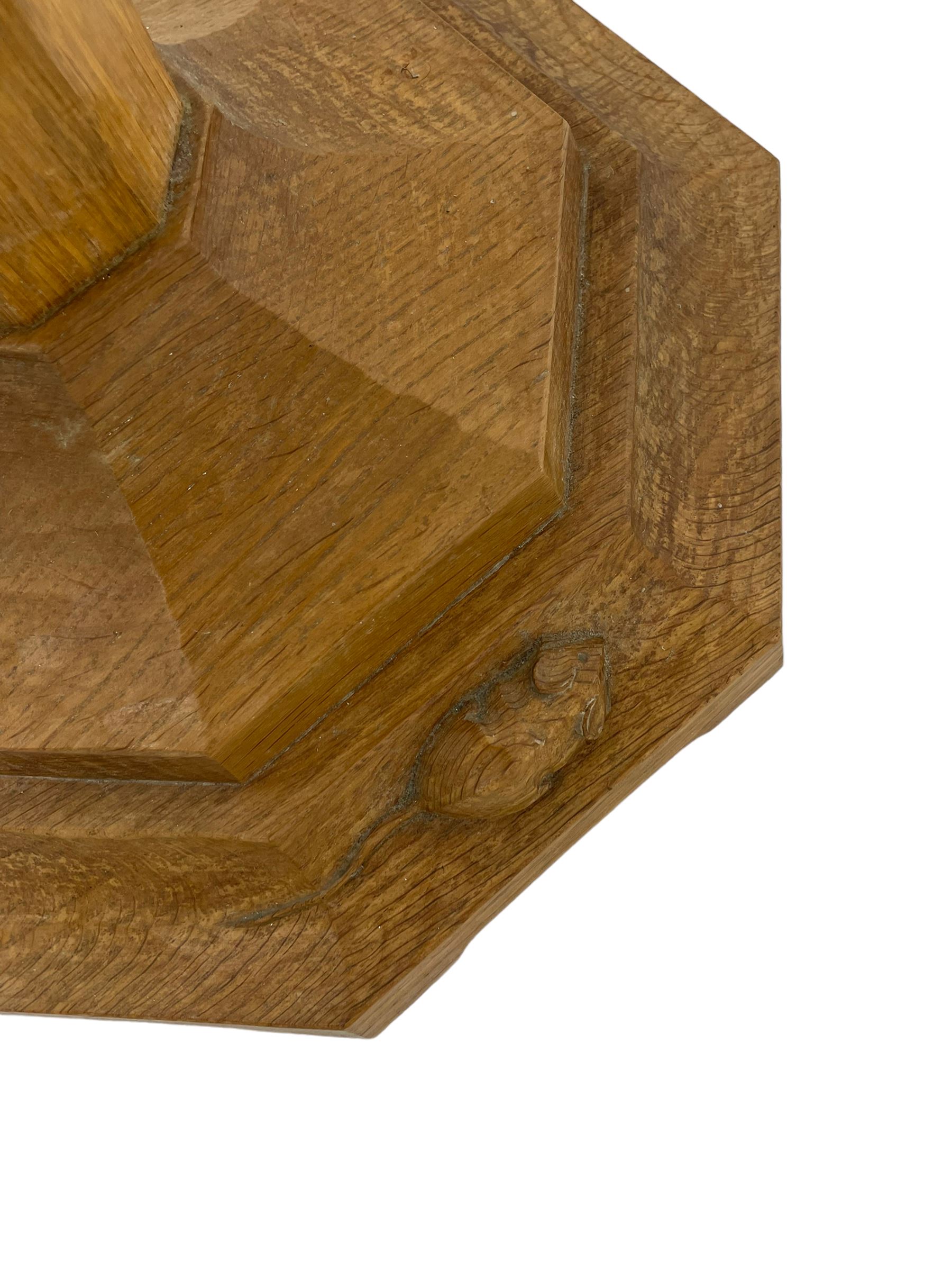 Mouseman - oak standard lamp, octagonal tapered column on octagonal base carved with mouse signature, by the workshop of Robert Thompson, Kilburn