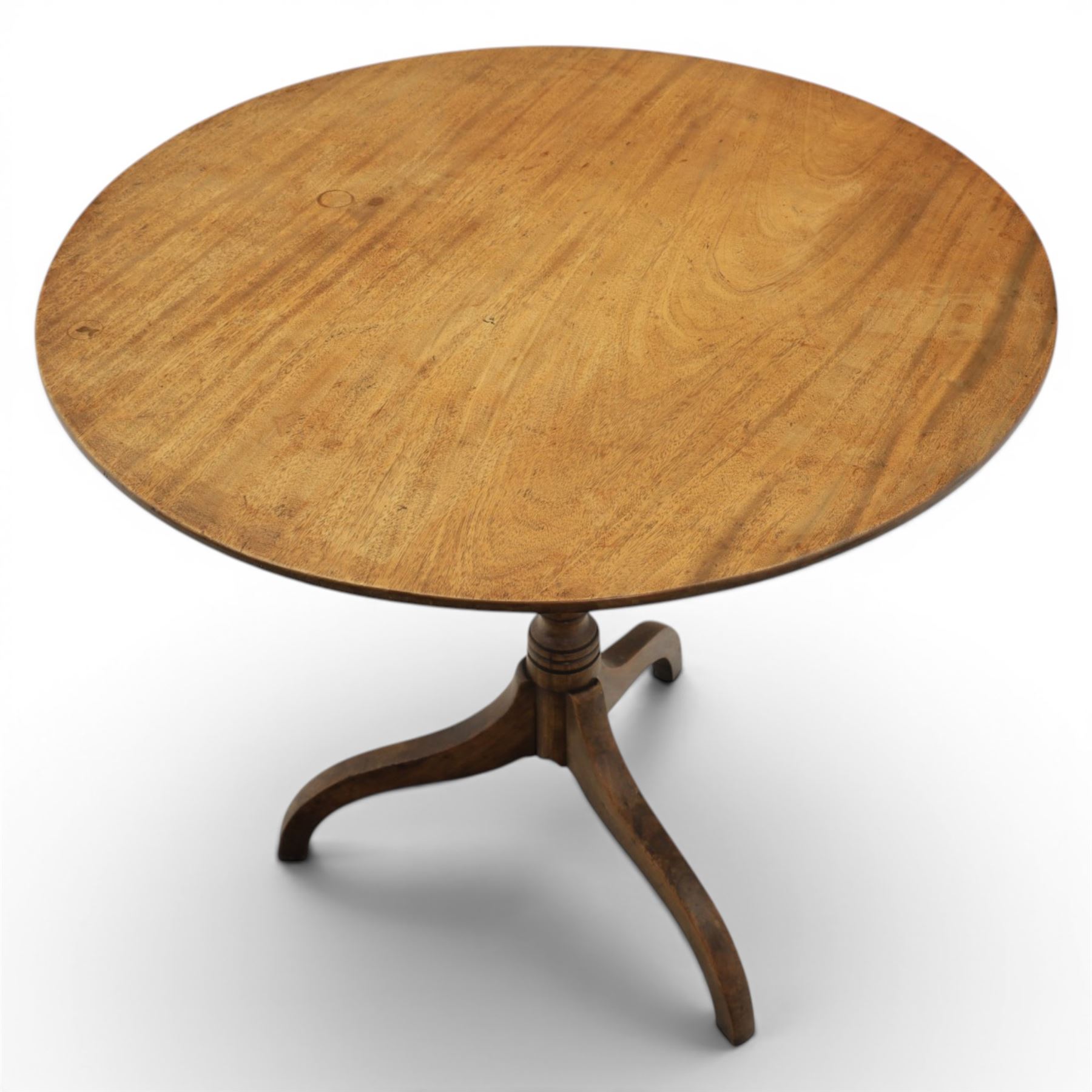 Two 19th century mahogany tripod tables, faded circular tilt-top, turned column  