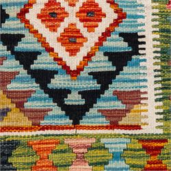 Afghan kilim cyan ground rug, the field with repeating lozenges containing geometric amber and ivory motifs with dark indigo borders, the citrine border with further geometric designs of contrasting tones