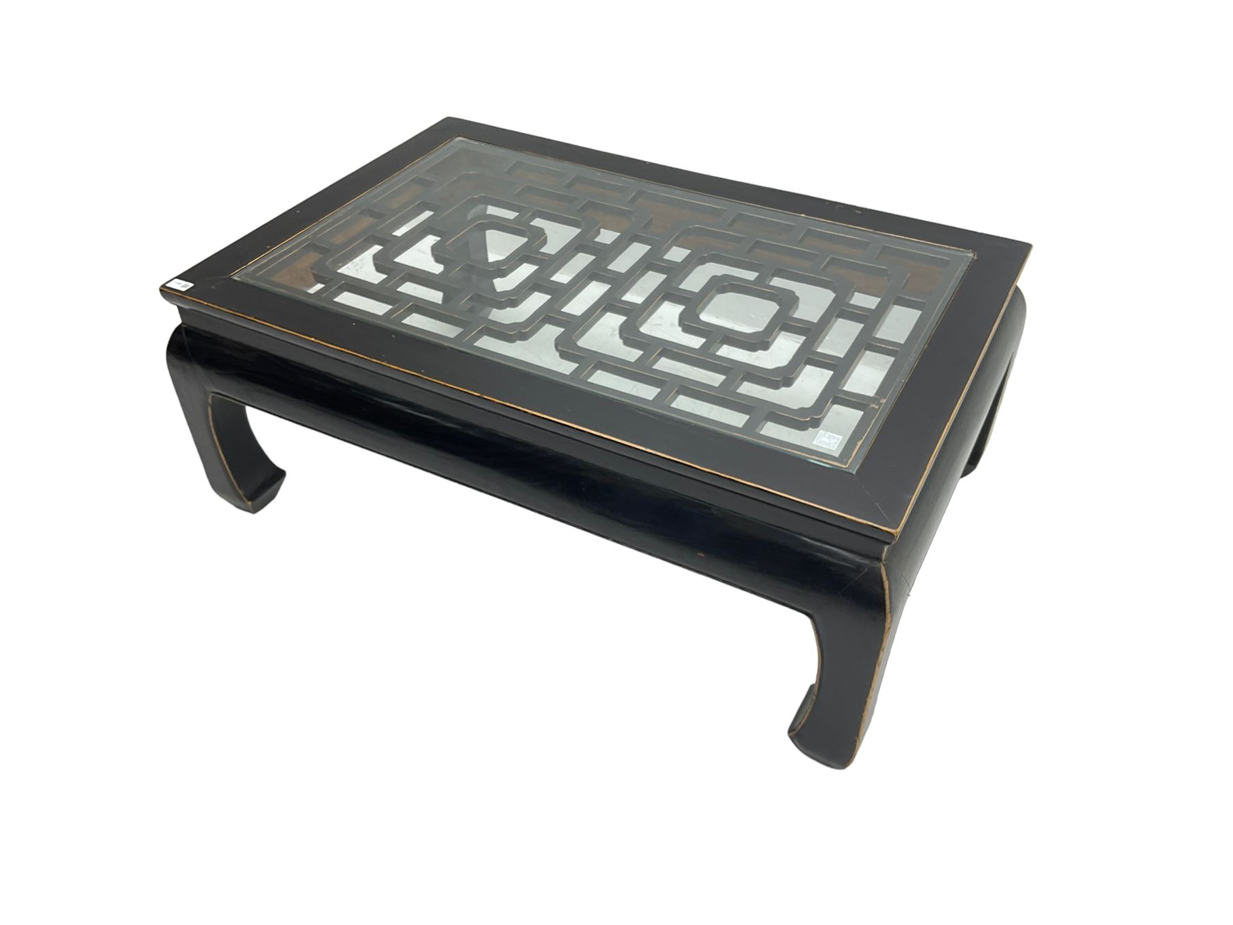 Chinese ebonised rectangular coffee table, inset glass top over pierced geometric fretwork, raised on shaped supports