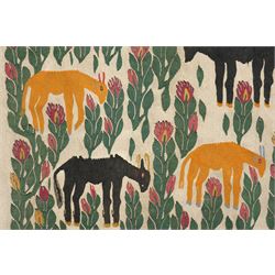 Anatolian pictorial folk art wall hanging or rug, depicting several mountain goats, flamingo and flowers, signed indistinctly 