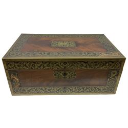 Victorian mahogany and brass inlaid writing slope, with hidden compartment, the hinged lid opening to reveal compartments and  leather slope, H21cm, L50cm