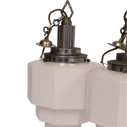 Pair of  mid-century milk glass nonagon ceiling light fittings, together with one other, pair H45cm