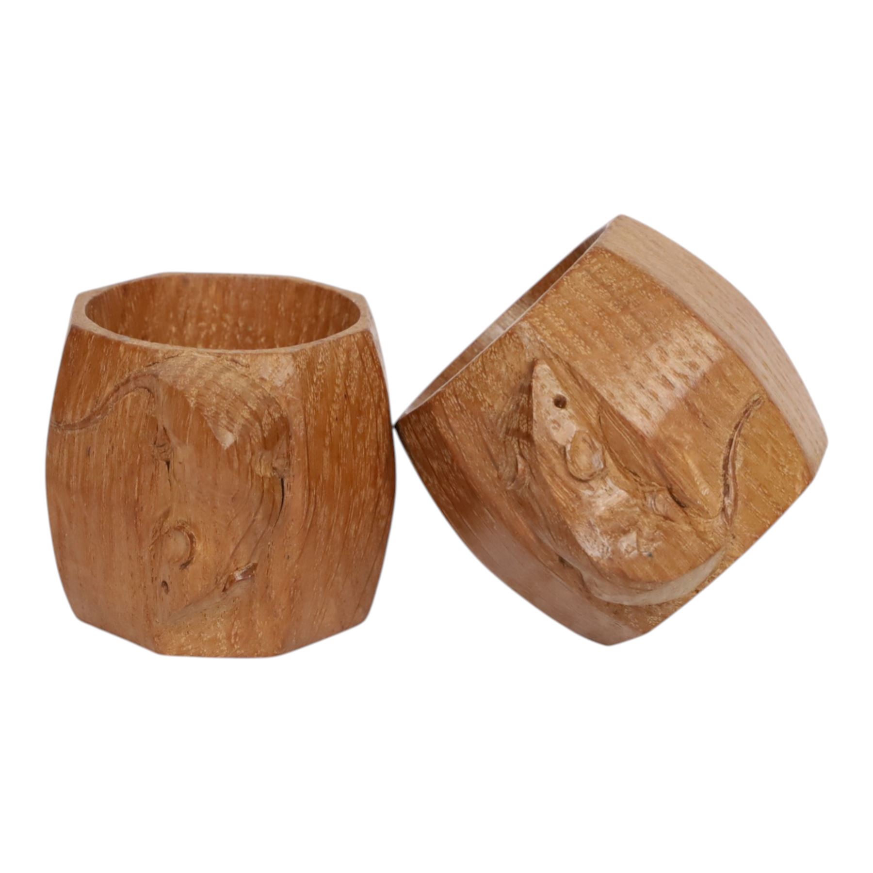 Mouseman - pair of dark oak napkin rings, of bulbous octagonal form with signature mouse carving by Robert Thompson of Kilburn
