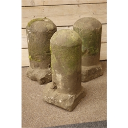  19th century stone cylinder bollards with domed tops, H61cm  
