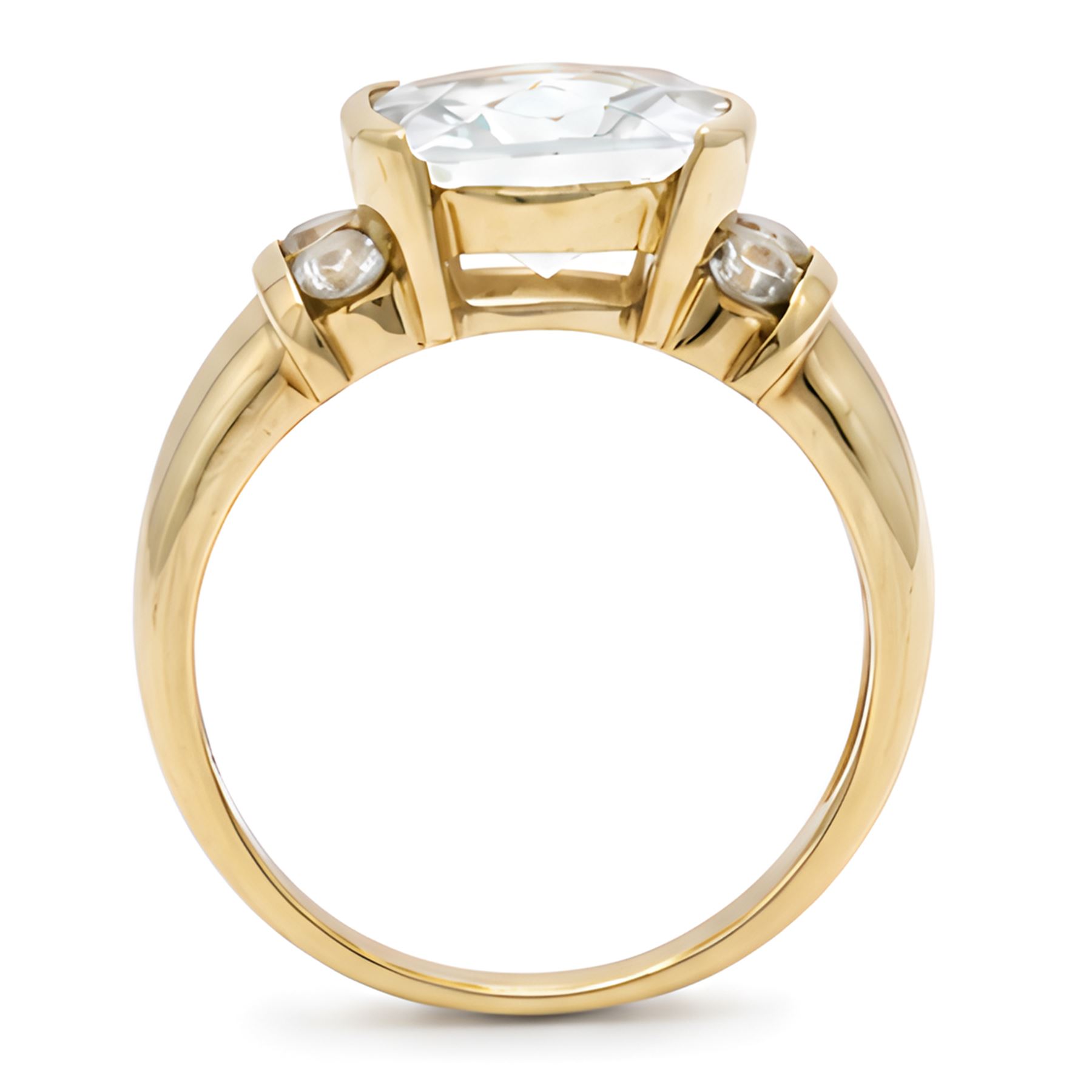 14ct gold aquamarine ring, single briolette cut aquamarine, with three round cut aquamarines set either side, stamped