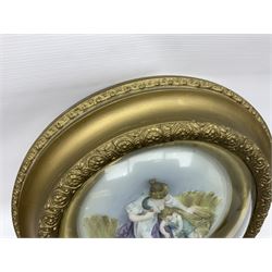 Set of four early 20th century Continental bisque plaques, each of circular form, modelled in high relief as the Four Seasons personified, within gilded circular frames under convex glass, overall D44.5cm