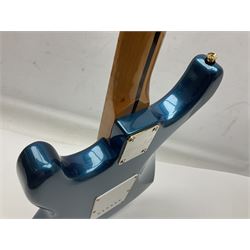 Fender Stratocaster style electric guitar in metallic blue with Rio Grande pick-ups and Fender back-plate L98cm; in Fender soft carrying case