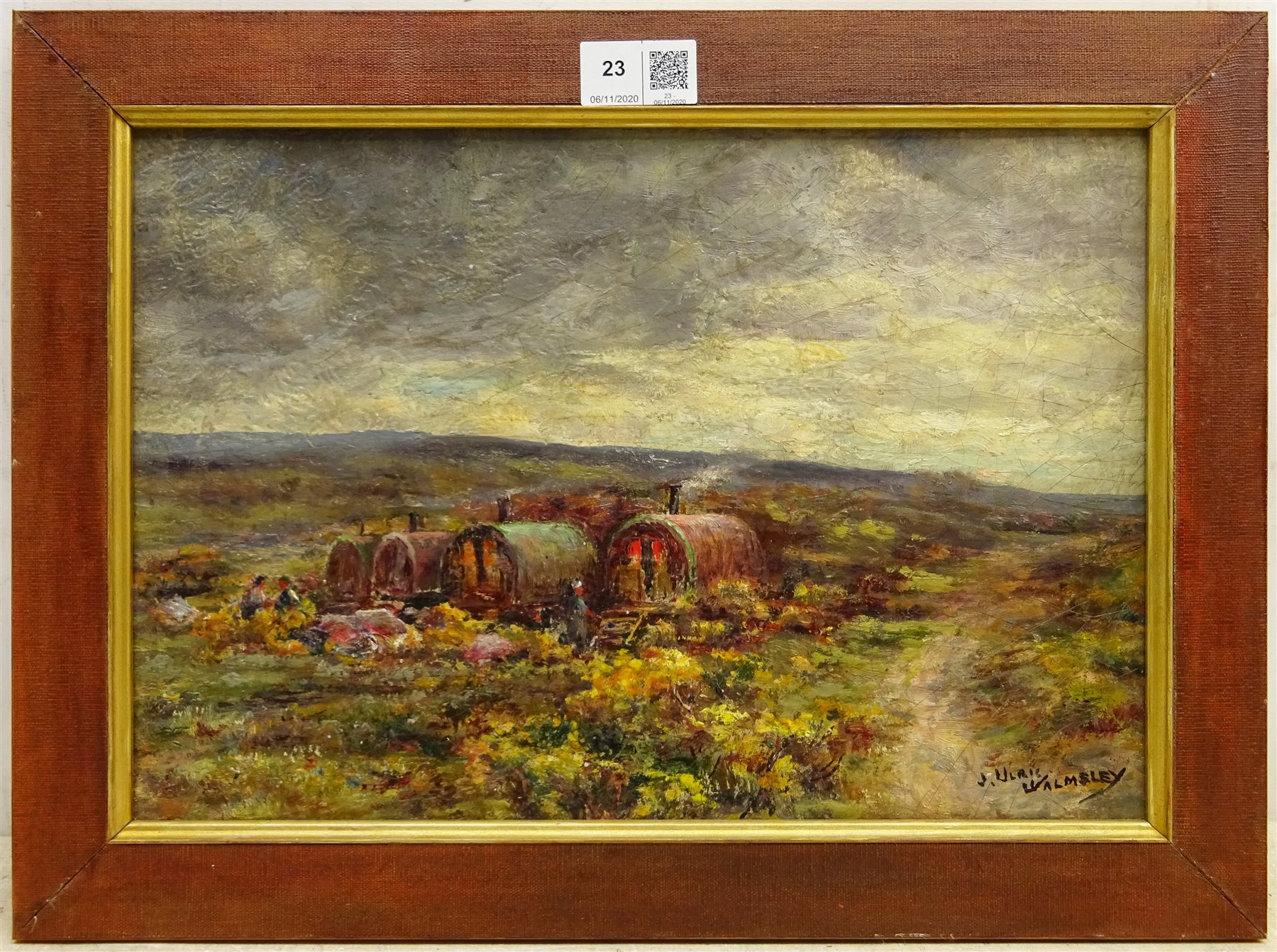 James Ulric Walmsley (British 1860-1954): Gypsy Caravans on the Yorkshire Moors, oil on board signed 23cm x 34cm

