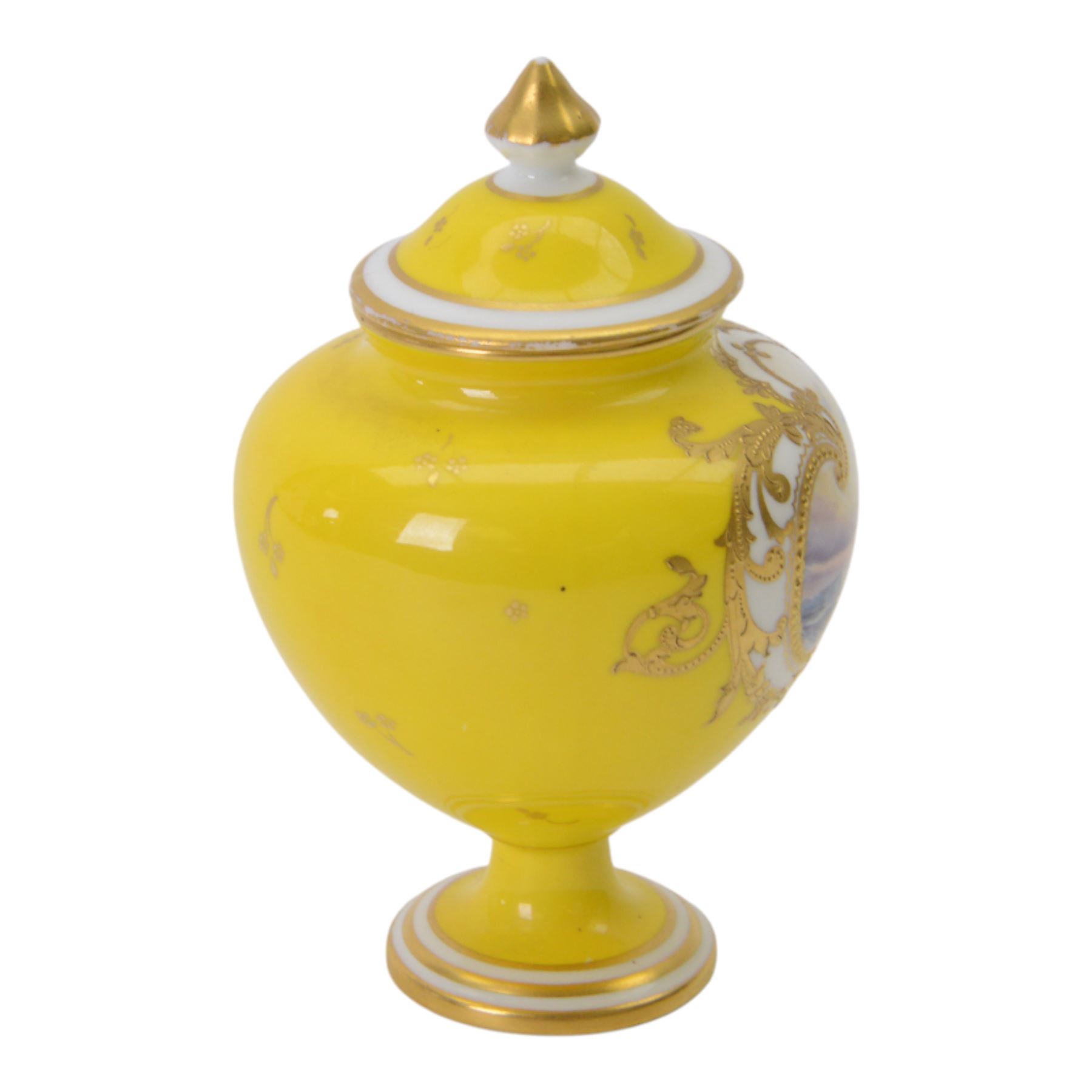 Royal Crown Derby miniature vase and cover, painted with shipping scene on yellow ground, with printed mark beneath, H12cm