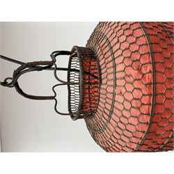 Large pair Chinese style late 20th century ceiling lanterns, cylindrical metal wirework and red paper, H81cm (excluding chain), D38cm