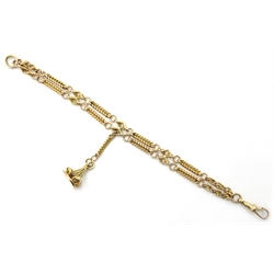  Gold fancy double row link bracelet, with clip and pendant fob, stamped 15c  