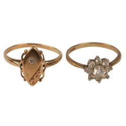 Two 9ct gold rings, including cubic zirconia flower head ring and a signet ring, both hallmarked