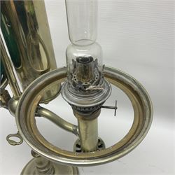Miller & Sons Piccadilly polished brass double adjustable student's oil lamp, with green glass shades, H52cm